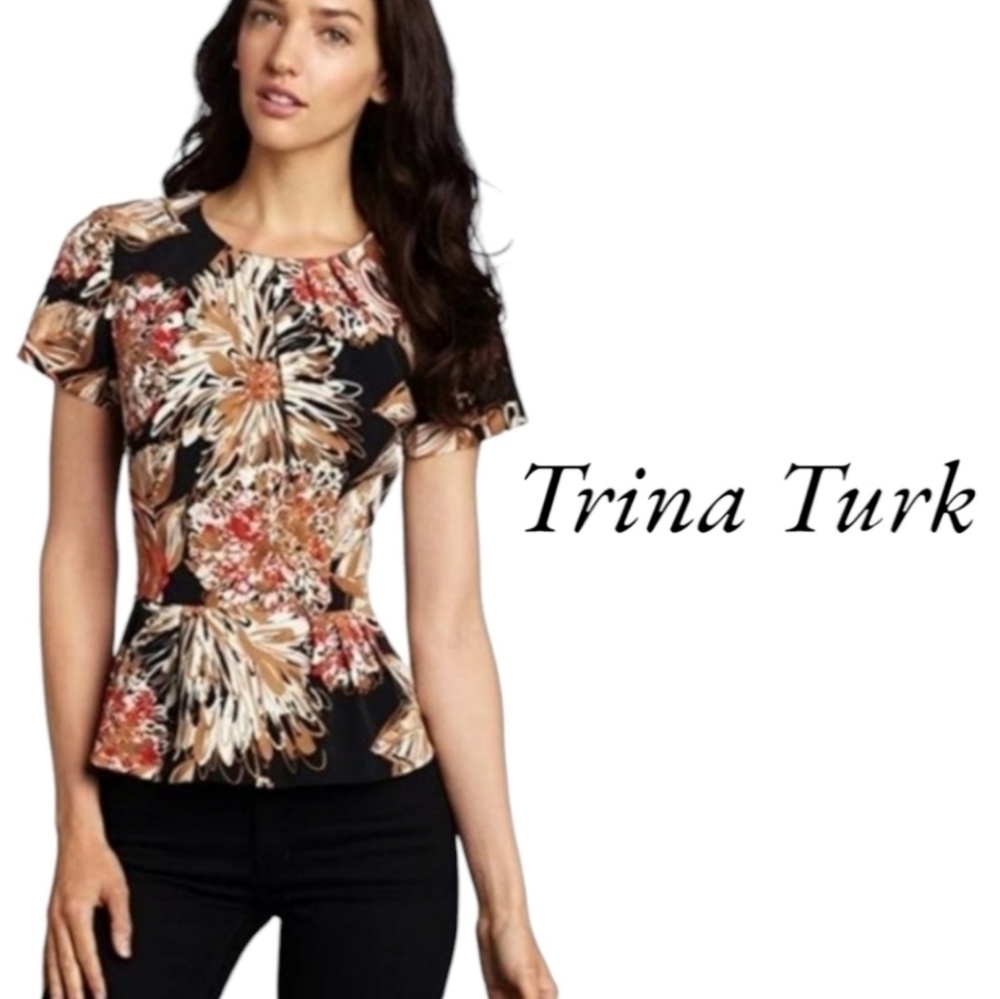 Trina Turk Floral Print Peplum Top - Short Sleeve, Summer Fall Office, Size XS